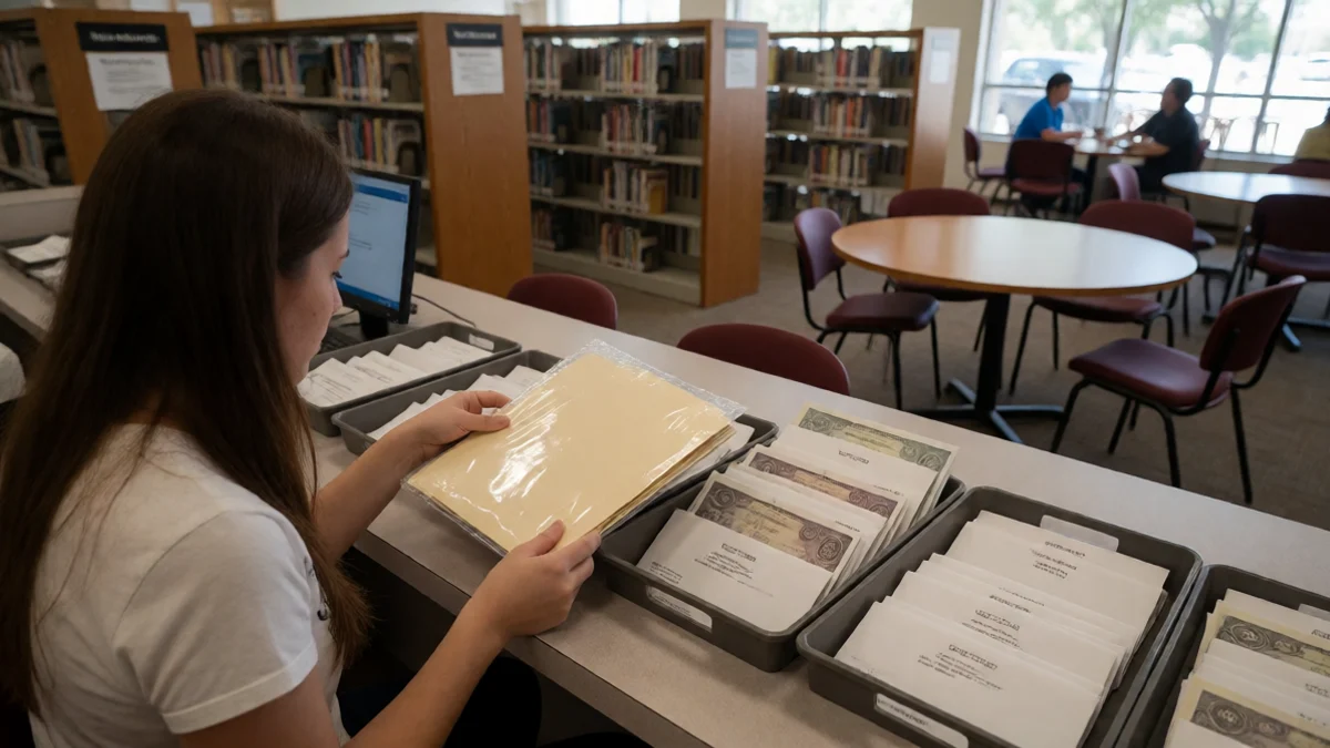 A borrower photographs a sealed records folder and places dated bank envelopes into separate trays at a public library assistance desk in New Mexico