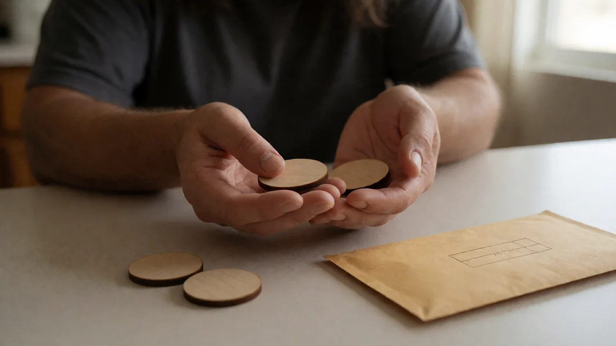 An anxious adult weighs three blank wooden tokens in their hands beside a sealed bill envelope