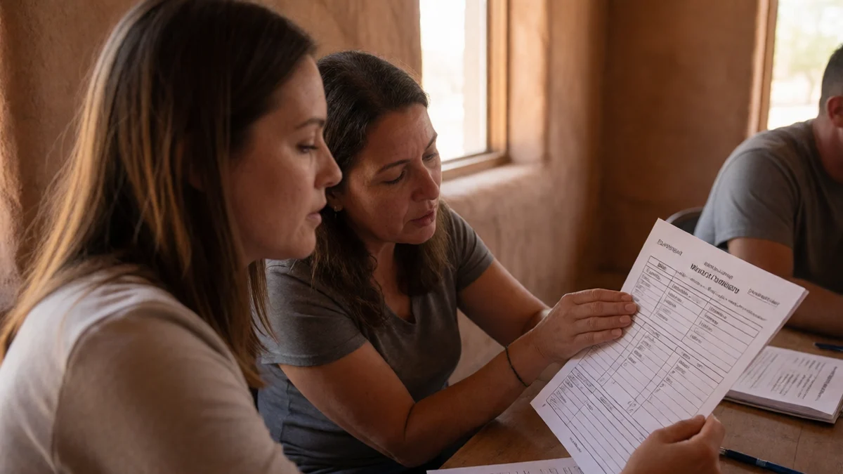 A counselor and a middle-aged New Mexico resident review a blank budget worksheet together at a community resource center with adobe-toned walls