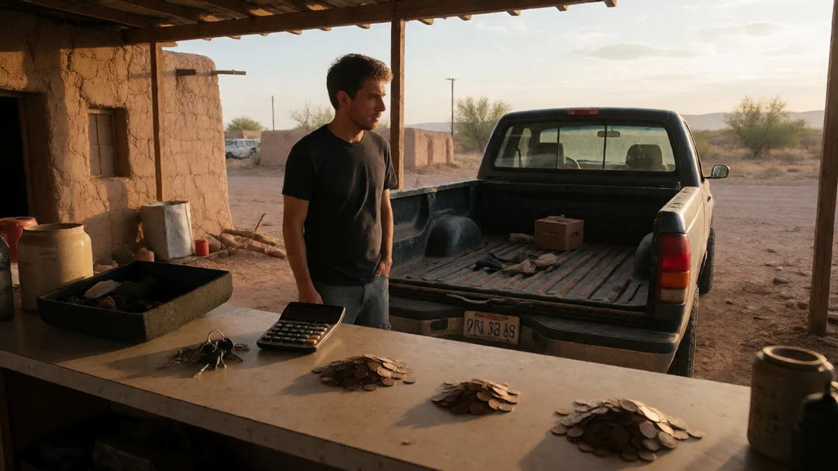 A New Mexico resident pauses beside a disabled pickup at an adobe-lined roadside repair shop, weighing the urgency of a repair against limited cash