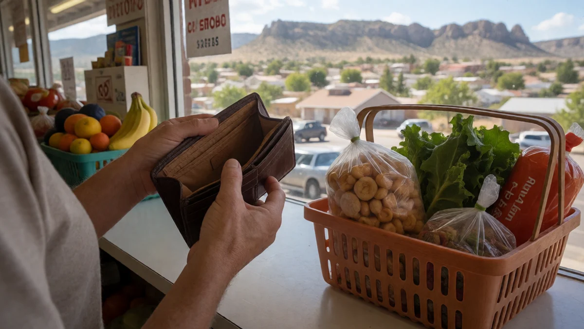An adult shopper compares an almost empty wallet with a modest basket of groceries on a Los Alamos neighborhood market counter