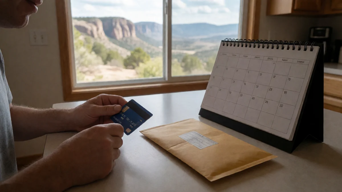 An adult borrower pauses with a debit card beside a sealed cash envelope and a blank monthly calendar on a kitchen table