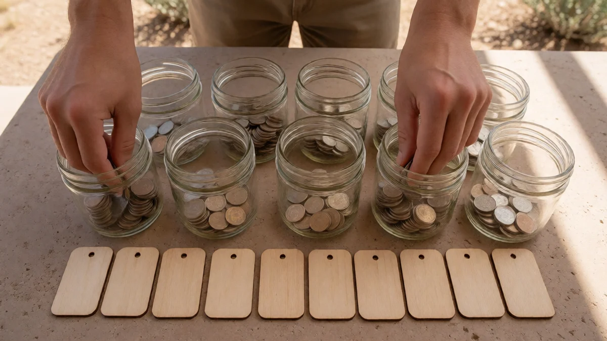 Two hands divide coins into several glass jars arranged beside a row of blank wooden date markers on a shaded patio in Chaparral, New Mexico