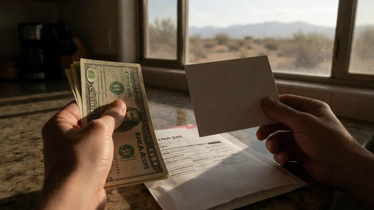 A Chaparral resident pauses with cash in one hand and a blank calendar card in the other beside an unopened household bill envelope