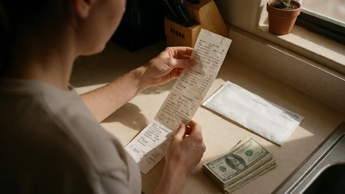 An Albuquerque resident separates grocery receipts, a utility envelope