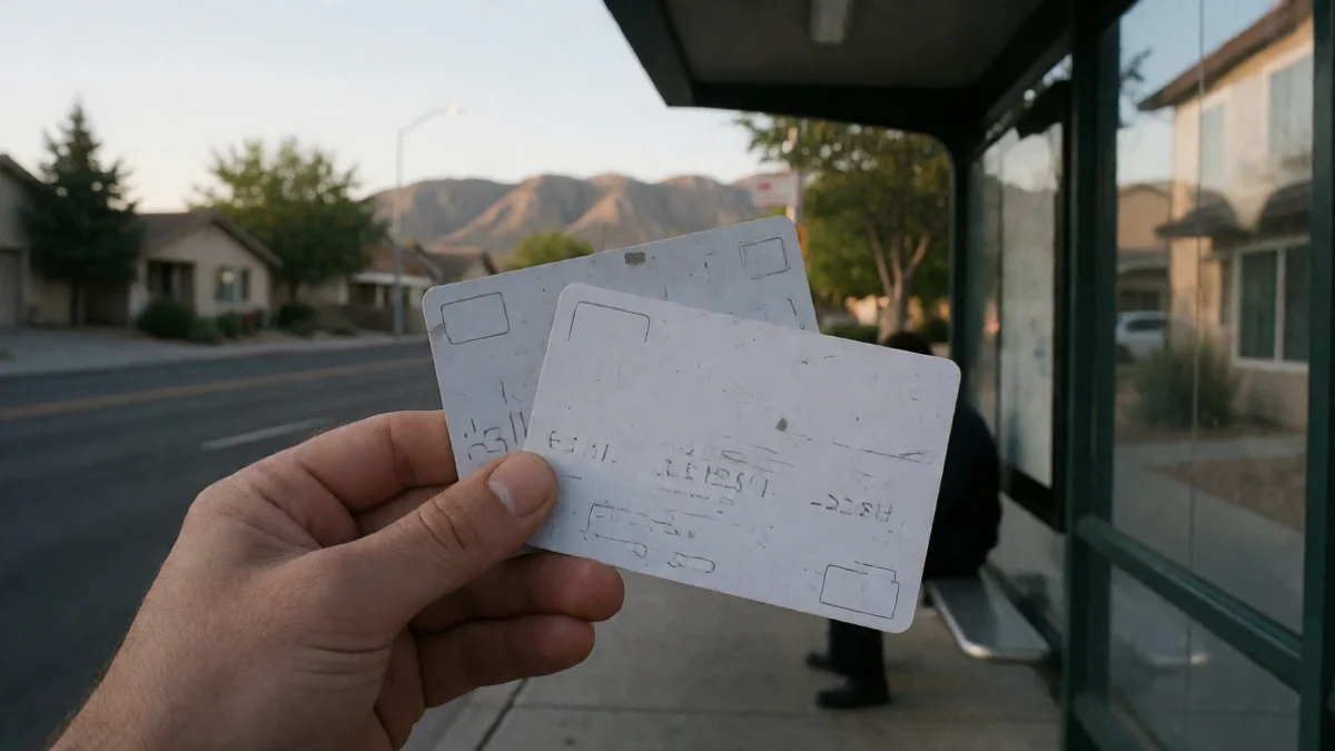 An Albuquerque commuter pauses at a neighborhood bus shelter to compare two blank payment cards held in one hand