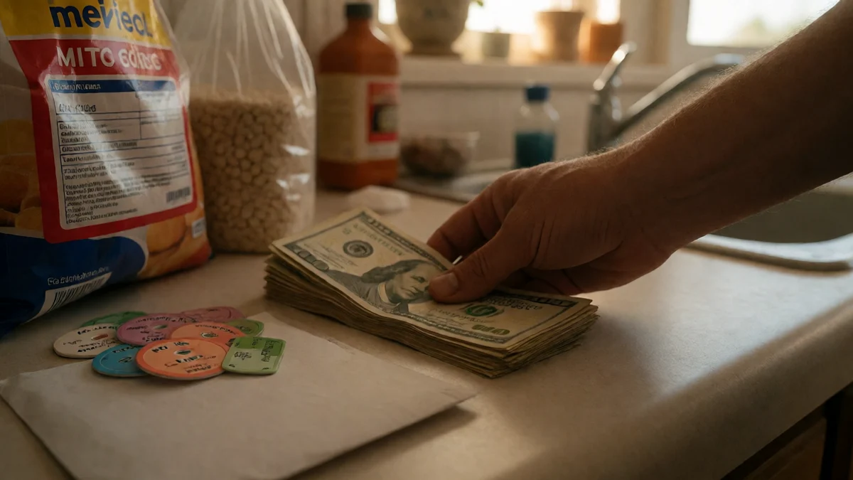 A hand places a modest stack of cash beside separate household expense objects on a kitchen counter