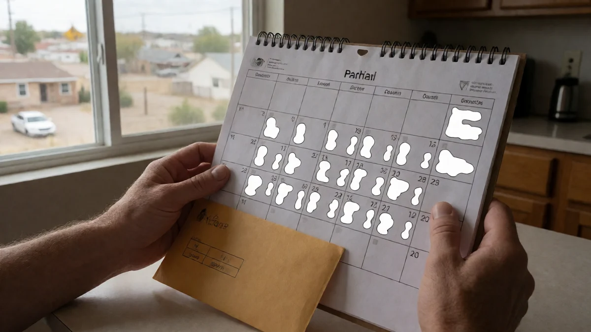 An adult borrower compares a small cash envelope with a marked payday calendar at a kitchen table, with a modest Clovis