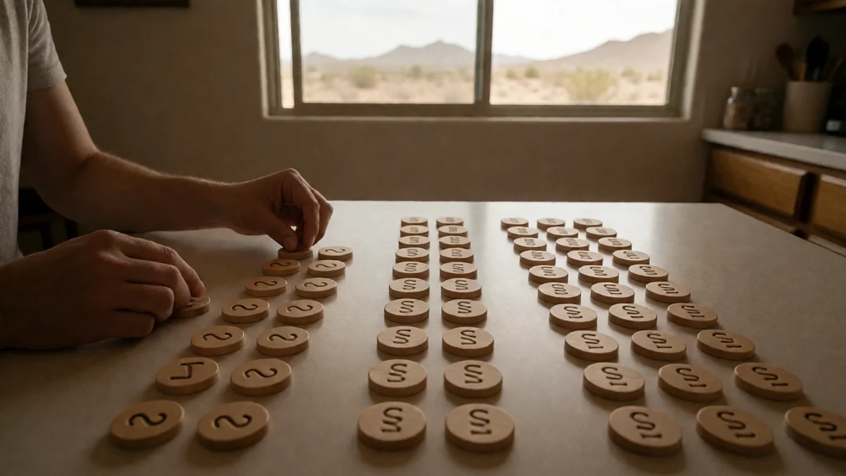 Hands arrange evenly spaced wooden tokens into several payment rows on a kitchen table in an Alamogordo home