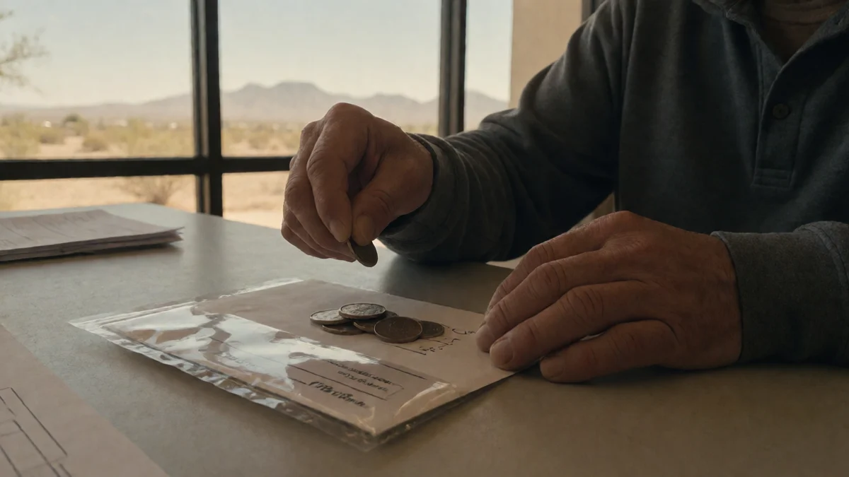 A middle-aged Alamogordo resident weighs a few coins against a sealed repayment envelope at a community assistance table
