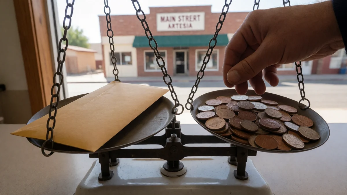 A hand steadies a balance scale holding a plain cash envelope on one side and groceries and utility coins on the other