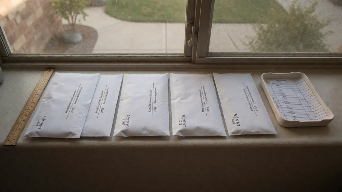 A row of sealed payment envelopes is arranged beside a measuring ruler and a small household budget tray by an Artesia home window