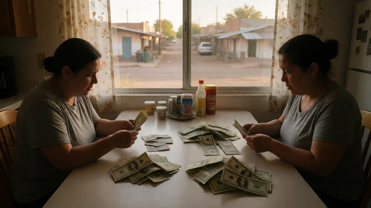 A New Mexico adult separates cash into repayment and household-bill piles on a kitchen table