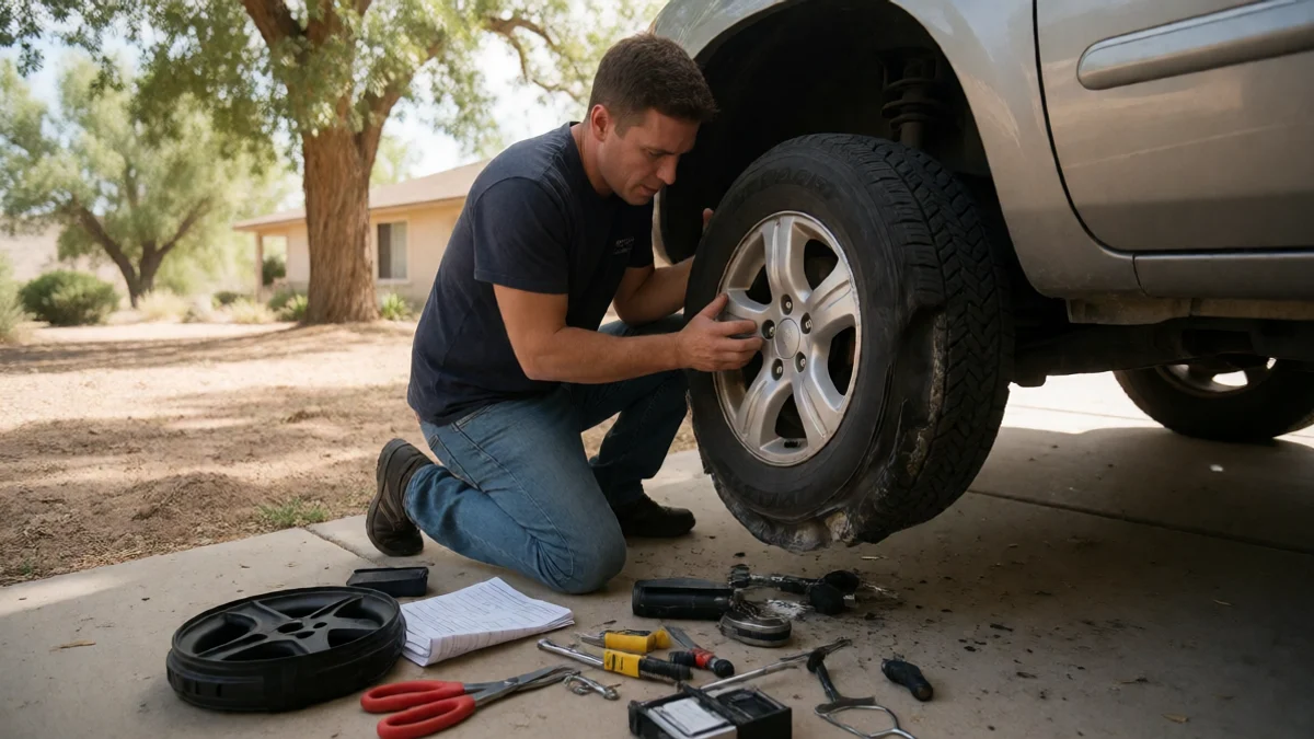 A lifted car wheel and scattered repair tools dominate a residential driveway as an adult replaces a damaged tire
