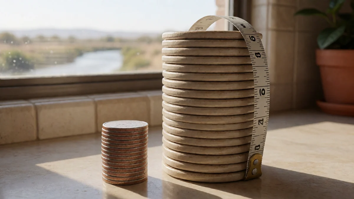 A measuring tape curves around a tall stack of identical ceramic payment tokens beside a shorter stack of coins