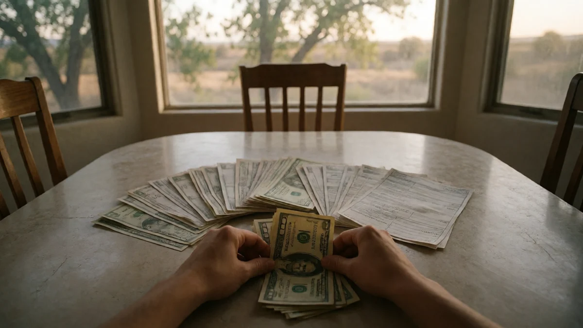 Two hands divide a small pile of cash from a second pile of household bills on a worn dining table