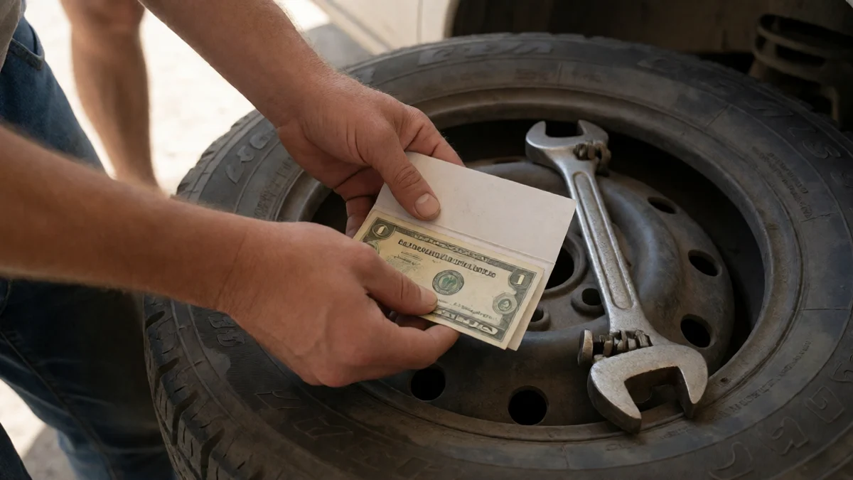 A car owner places a small cash envelope beside a used tire and repair wrench, connecting borrowed money to one defined emergency expense