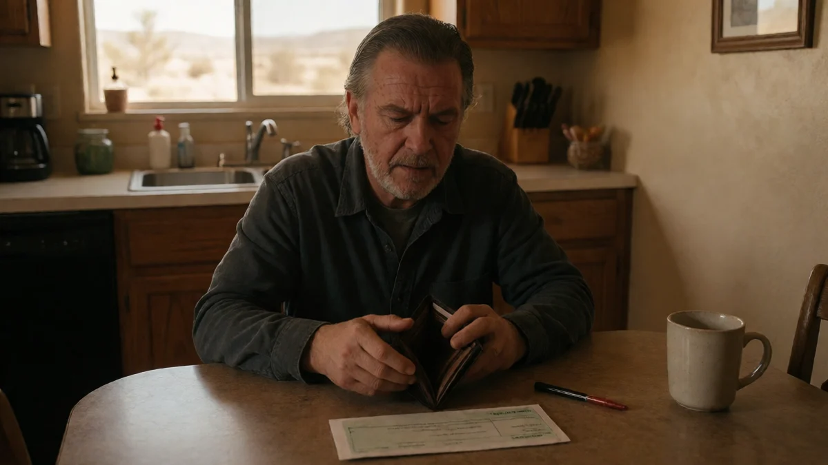 A Deming resident steadies a nearly empty wallet beside a single paycheck envelope at a kitchen table, making the next repayment feel immediate