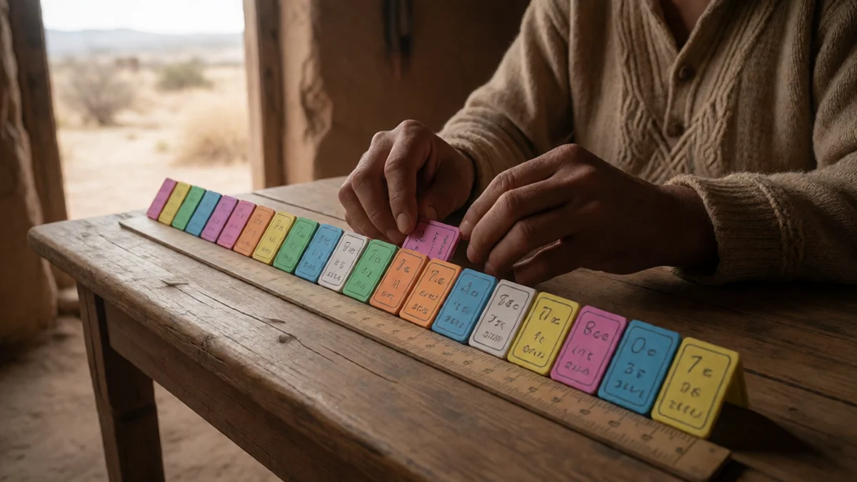 A pair of hands builds a long row of colored payment markers beside a measuring ruler on a wooden table in an Española adobe home