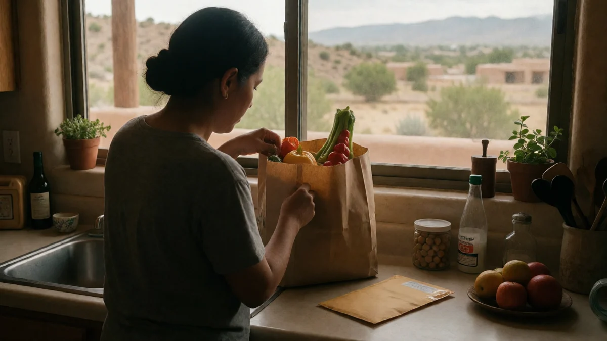 A Española resident places a grocery bag beside a single sealed repayment envelope on a kitchen counter