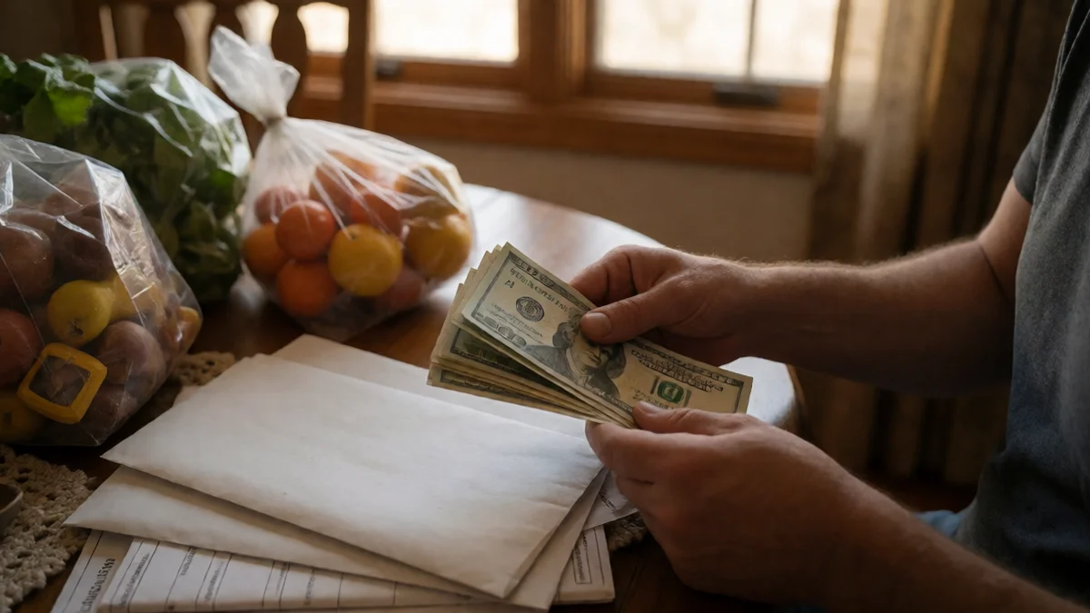 An adult compares a small stack of cash with groceries and household bills represented only by blank envelopes