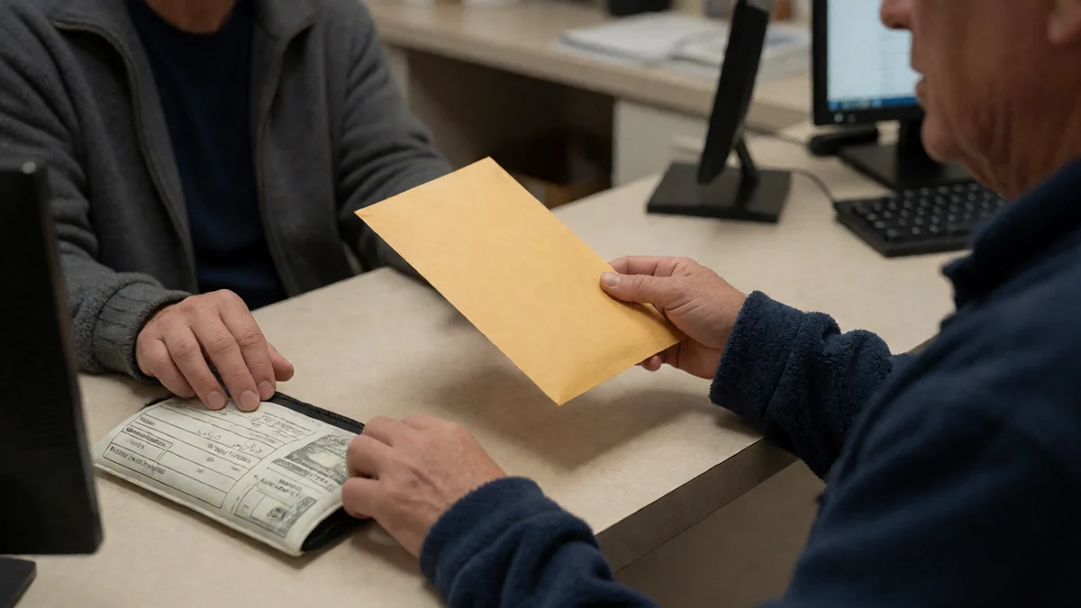 A Rio Rancho resident receives a plain cash envelope across a modest service counter while keeping one hand on a household budget pouch