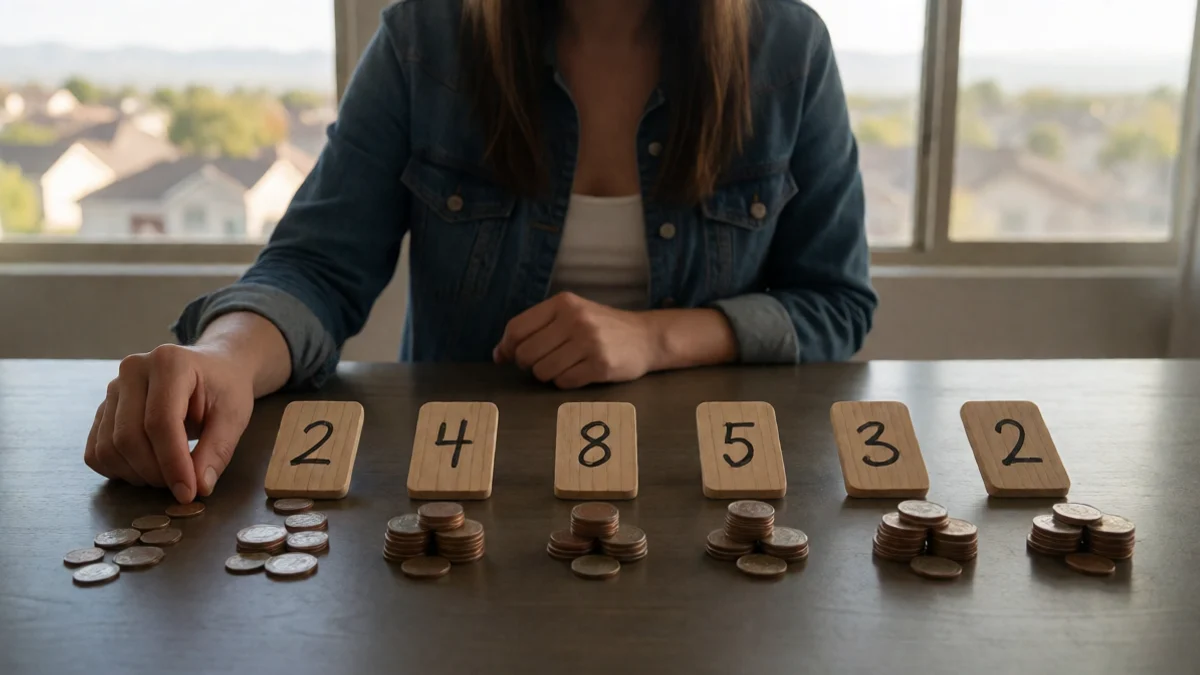 An adult borrower arranges equal wooden payment markers beside matching coin piles in a neat row on a dining table