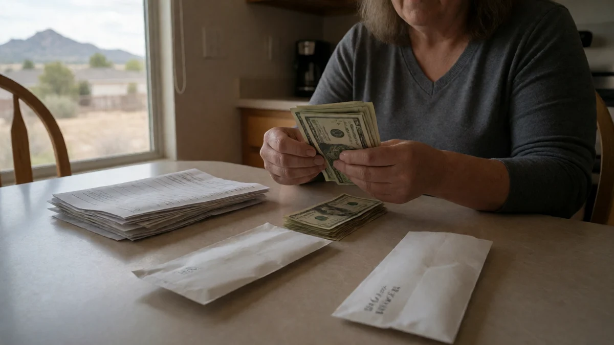 An adult Rio Rancho resident separates a small stack of cash into rent, utility, and grocery envelopes on a kitchen table