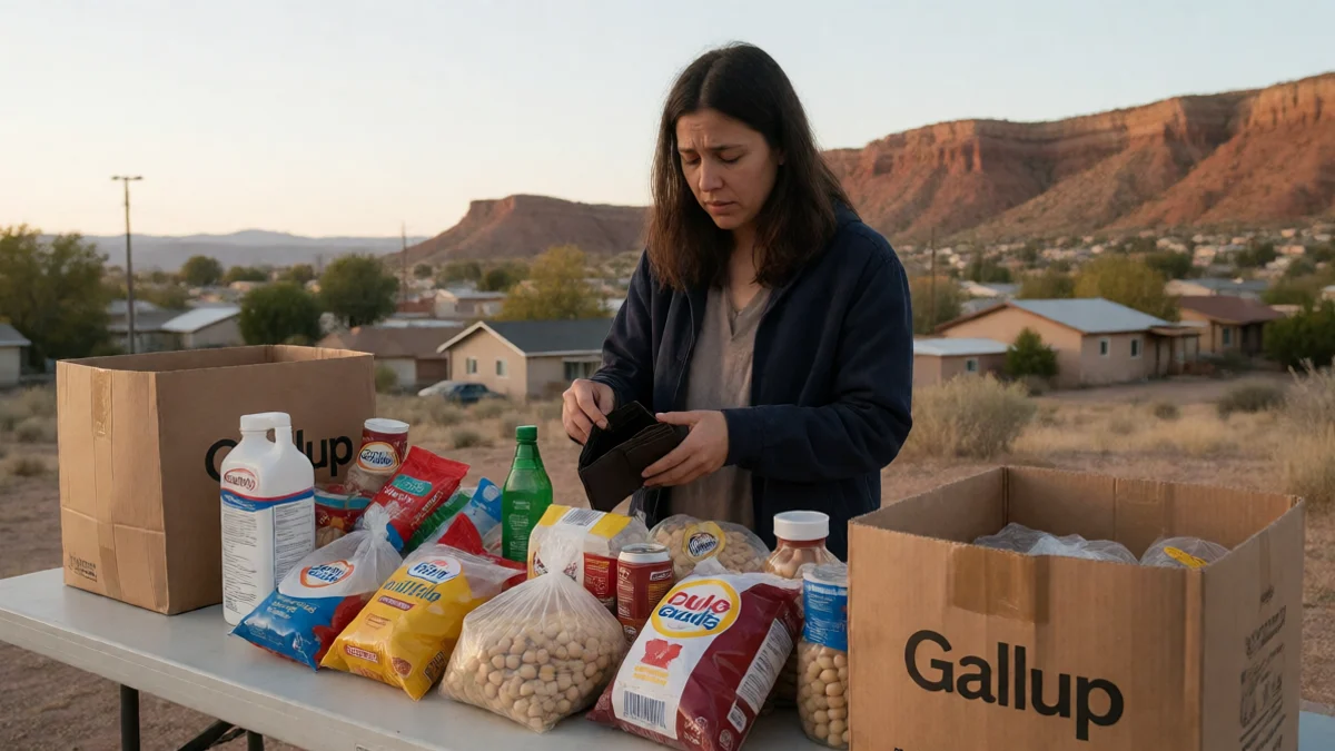 A Gallup shopper separates essential groceries from an empty wallet at a community food-support table