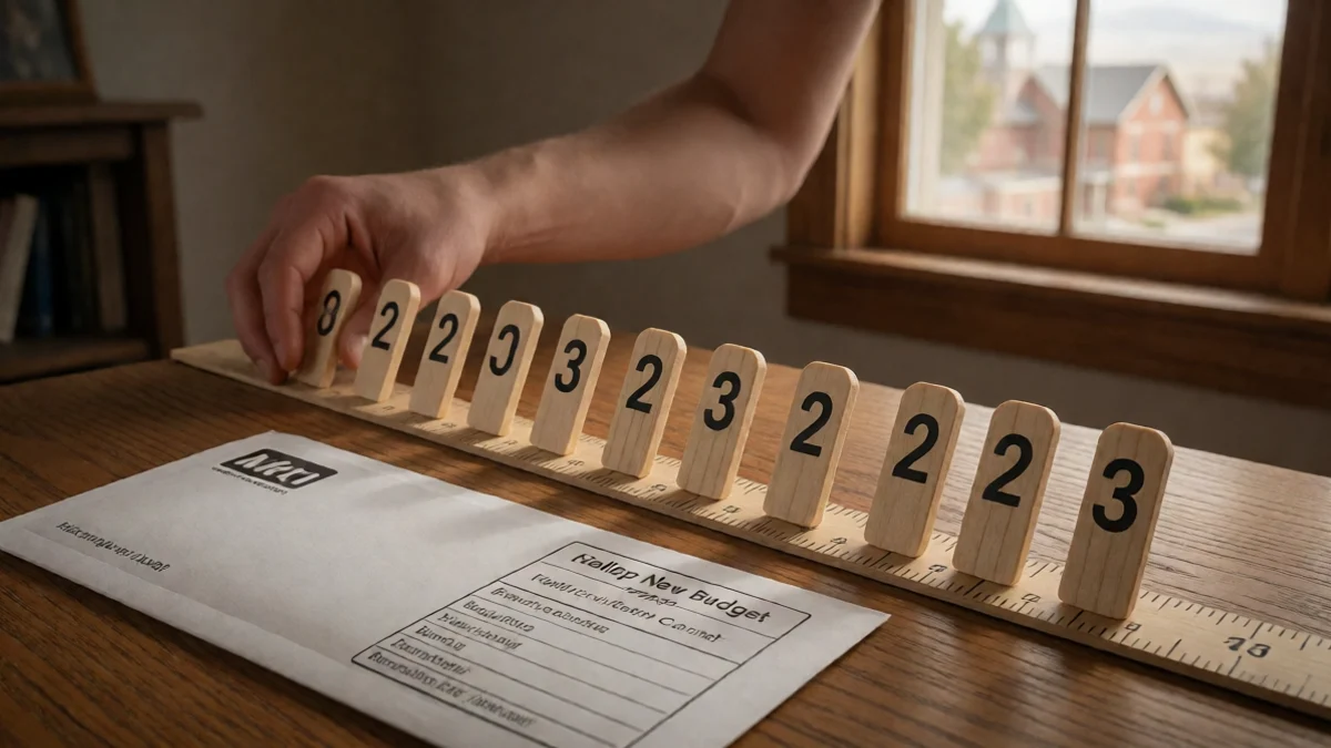 A borrower places evenly spaced wooden payment markers along a long measuring board beside a household budget envelope