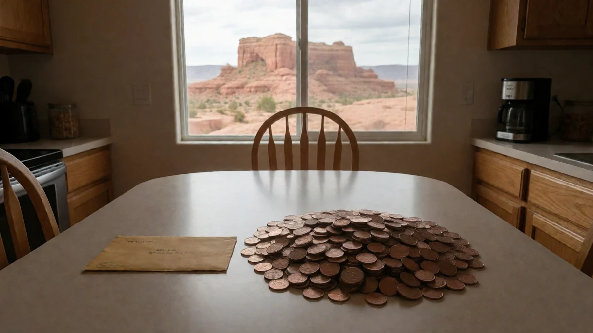 A New Mexico resident compares a small cash envelope with a much larger stack of repayment coins on a kitchen table