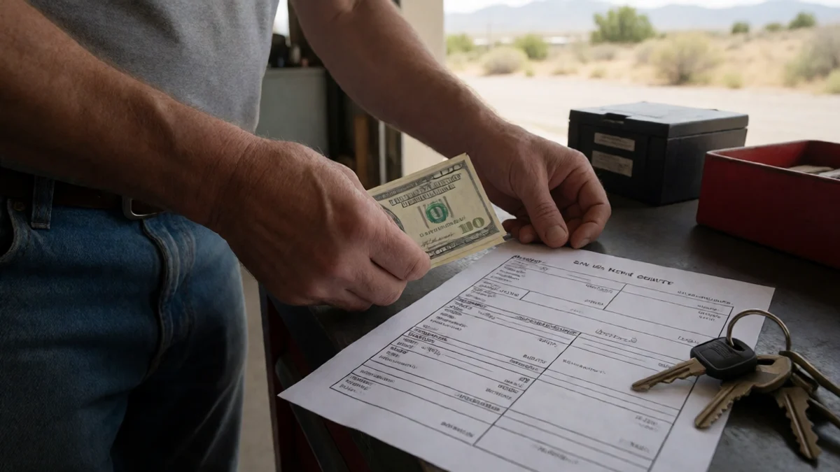 A resident places a modest bundle of cash beside a car-repair estimate represented by blank paper and a set of keys on a workbench