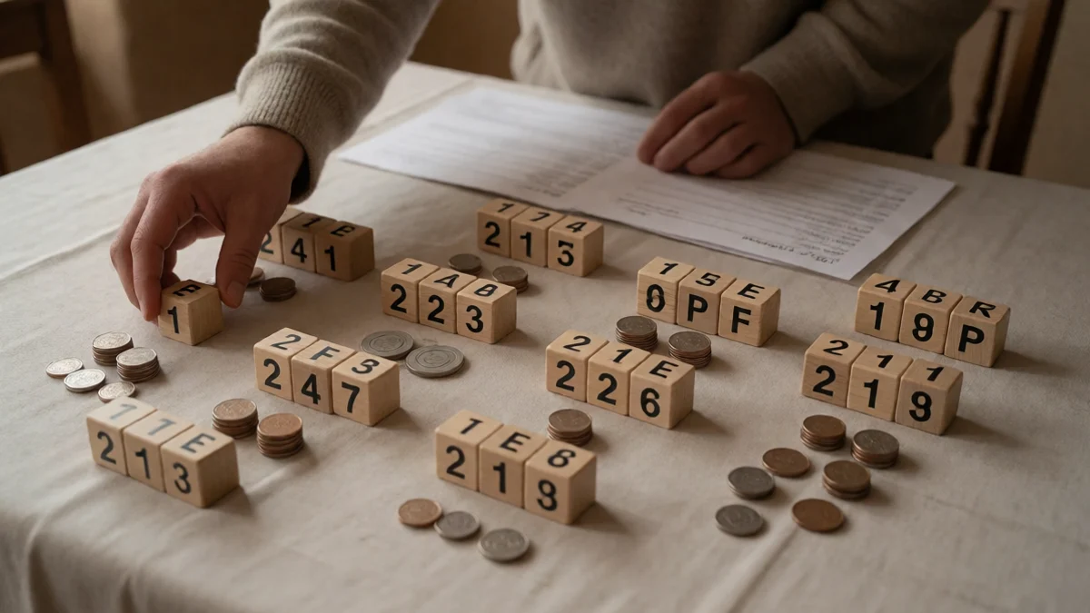 An adult arranges wooden calendar blocks, stacked coins, and household payment tokens into a repeating schedule on a dining table in a Las Vegas