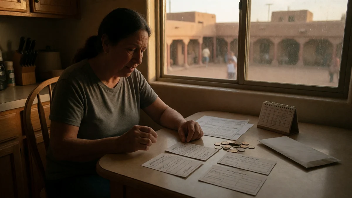 A New Mexico resident compares three blank offer cards beside coins, a small calendar, and an unopened envelope on a kitchen table, with Las Vegas