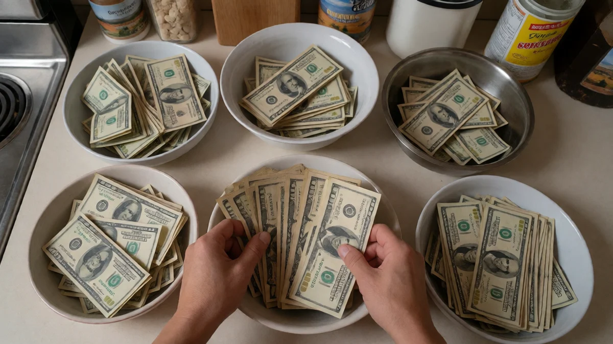 A person sorts cash into separate bowls for rent, groceries, fuel, and utilities, showing how an immediate loan affects the next stretch of bills