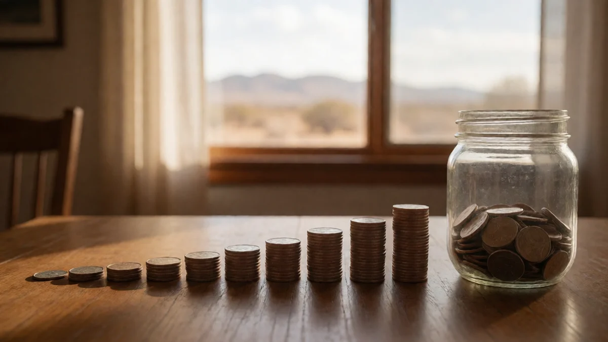 A row of evenly spaced coins leads toward a household budget jar on a wooden table, symbolizing repeated payments over time