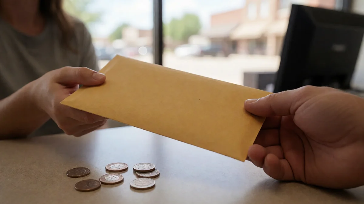 A plain sealed cash envelope is passed across a neutral service counter toward a borrower’s open hand beside separate fee coins and repayment markers