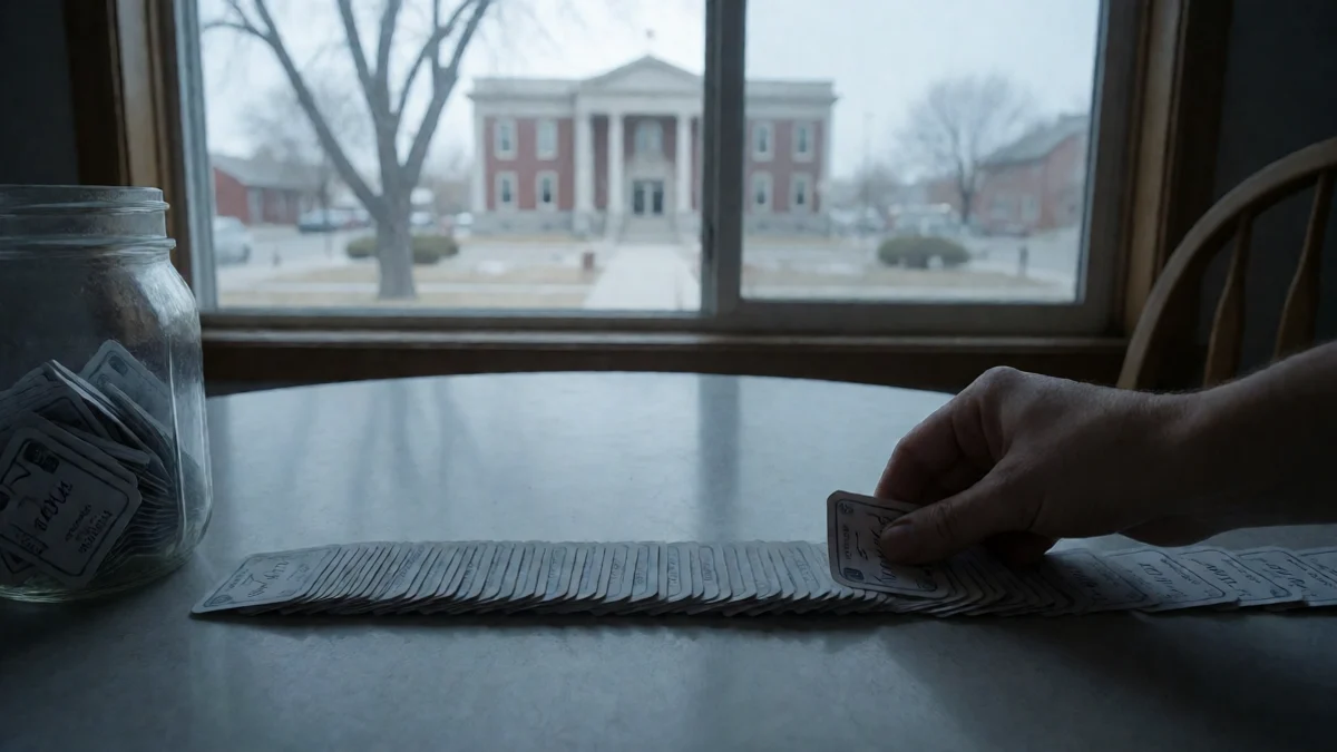An adult hand counts a long line of identical payment tokens across a table beside a full glass jar