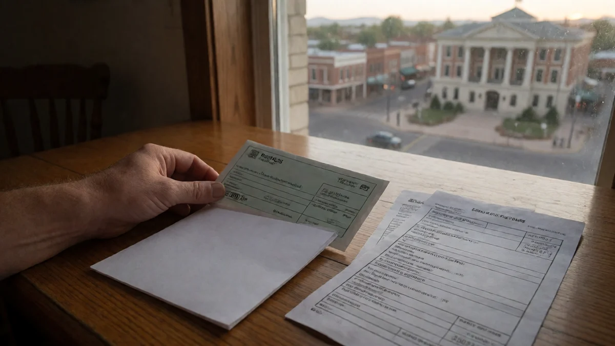 A worker places a plain paycheck envelope beside a blank calendar square and essential household bills on a wooden table
