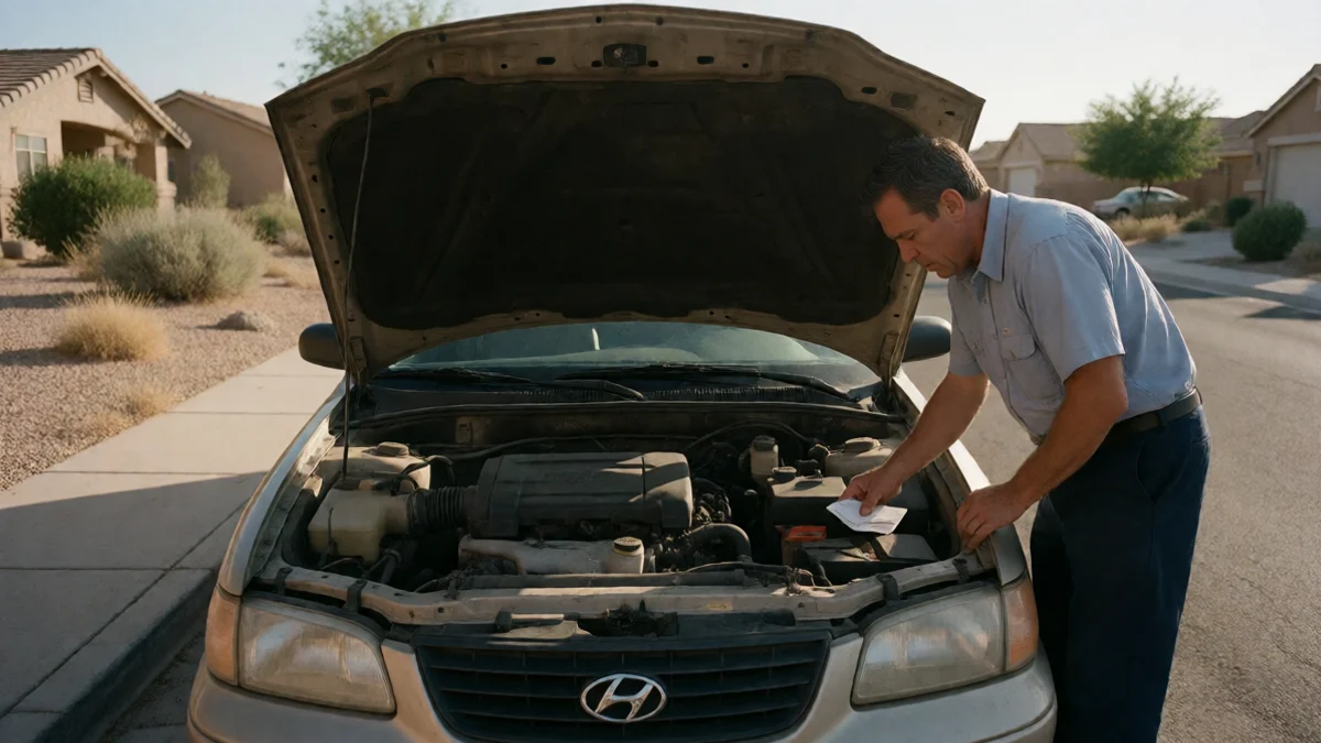 An adult mechanic places a small cash envelope beside an open car hood during an urgent roadside repair
