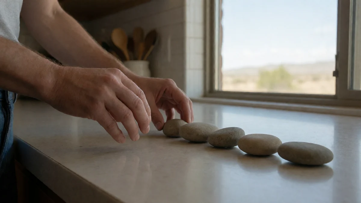 An adult carefully spaces smooth stones in a line across a kitchen counter