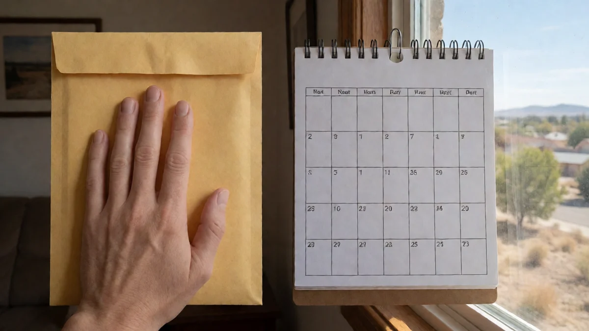 An adult holds a hand over a sealed payment envelope beside a simple wall calendar with blank pages