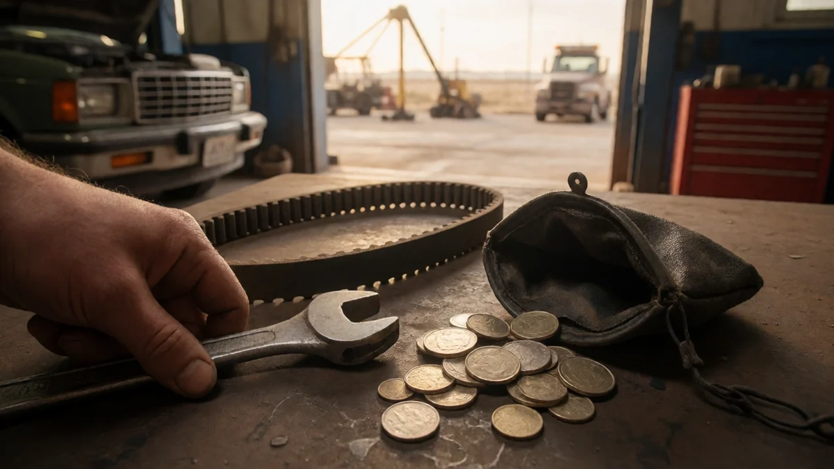A mechanic’s hand places a wrench beside a replacement belt and an open but empty coin pouch