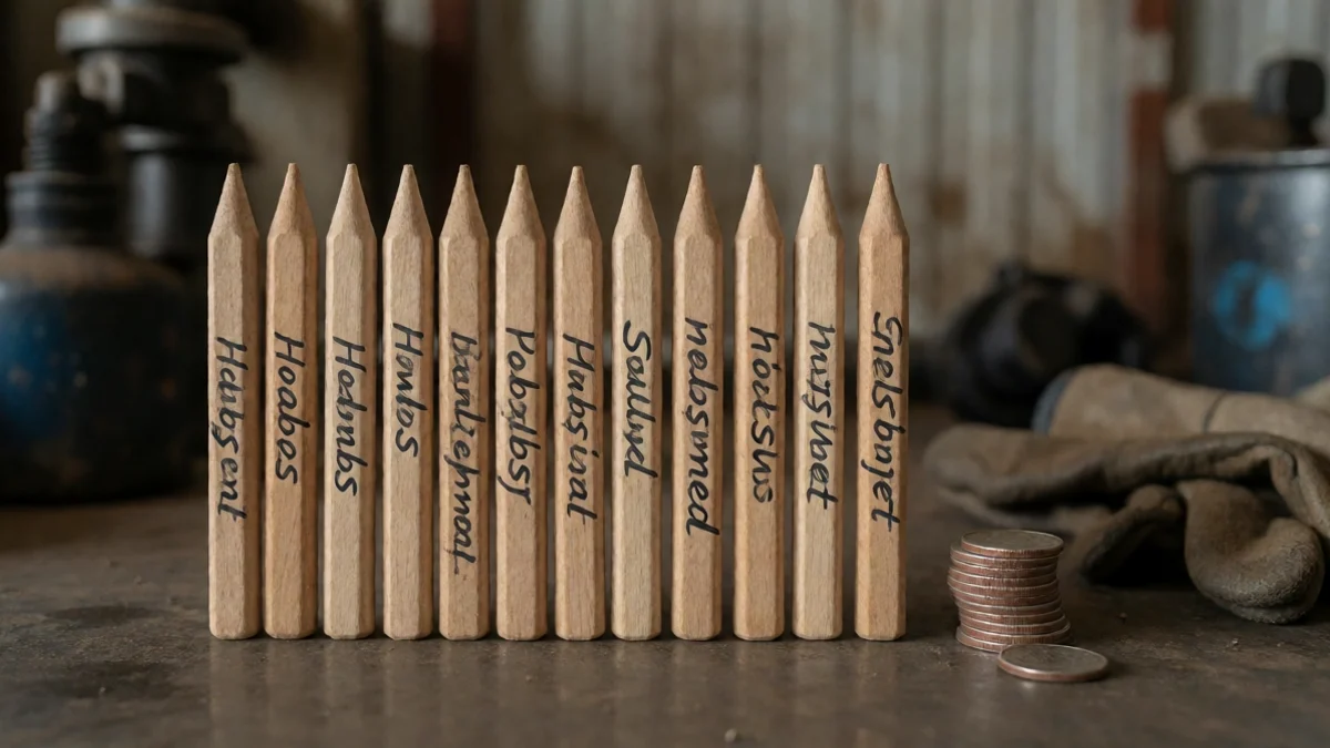 A neat line of equal wooden markers leads toward a small stack of coins beside work gloves, representing scheduled installment payments in Hobbs