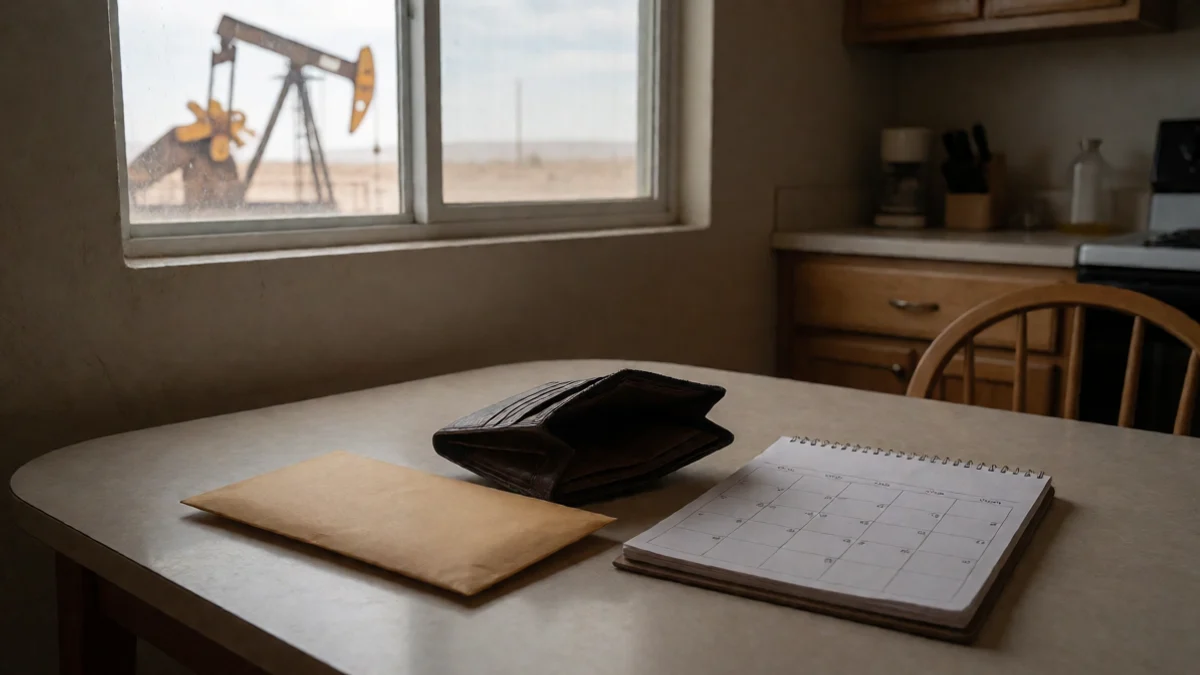 A plain cash envelope rests beside a nearly empty wallet and a blank calendar on a modest kitchen table