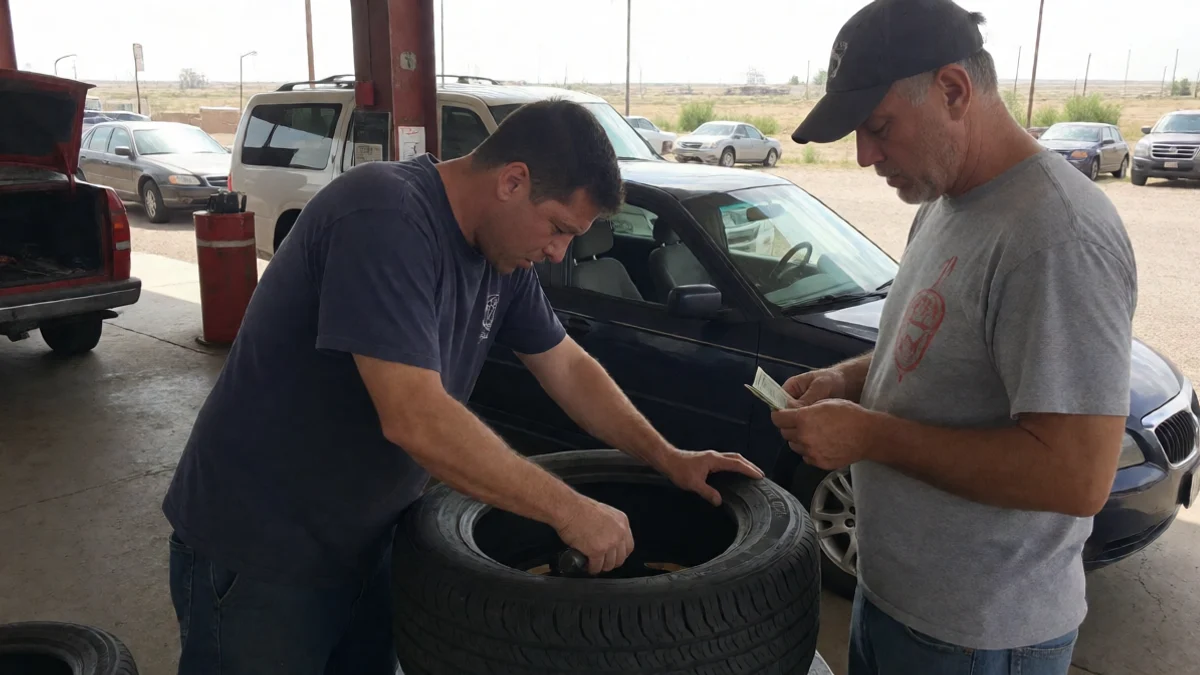 A mechanic tightens a replacement tire while a customer holds a small amount of cash nearby