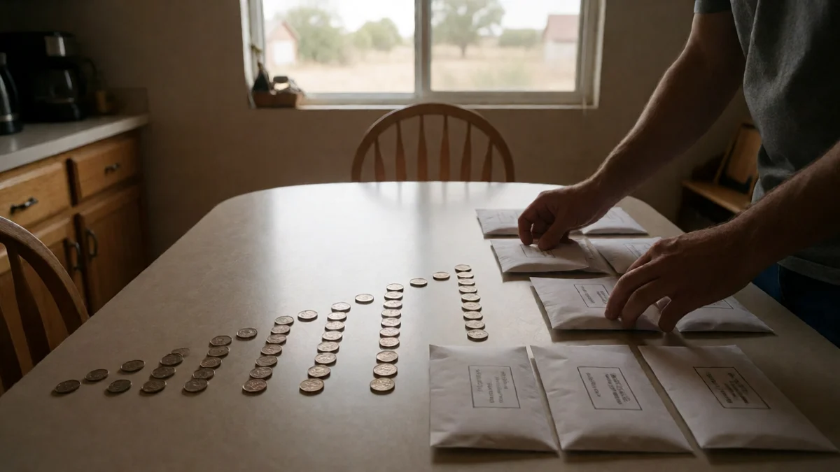 A borrower arranges a stepped line of identical coins and sealed envelopes across a kitchen table to represent scheduled installment payments