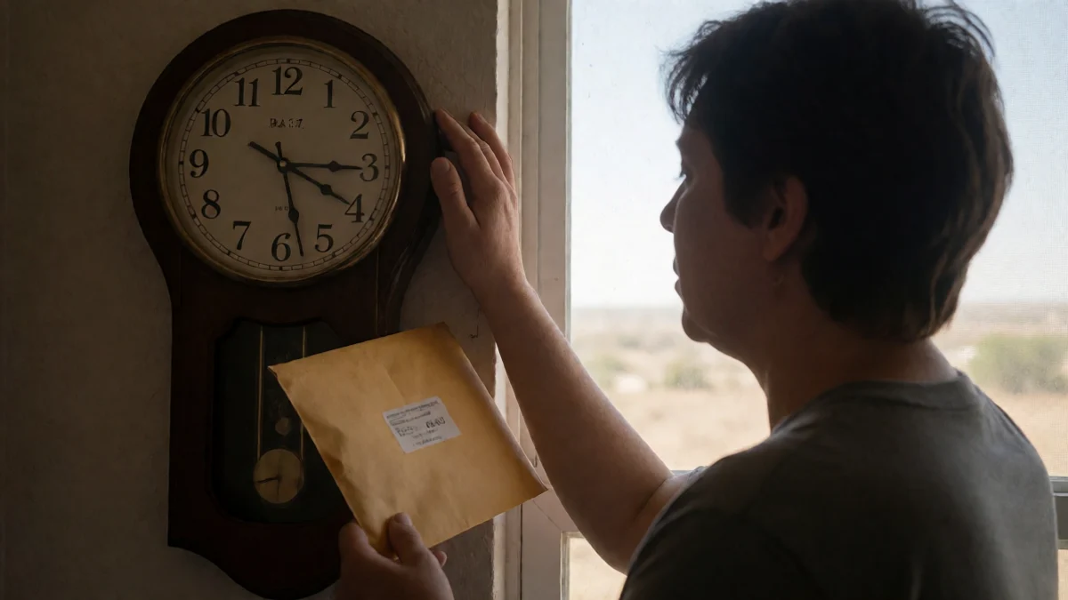 An adult borrower places a sealed envelope beside a wall clock while reviewing the next payday at a modest Lovington, New Mexico home