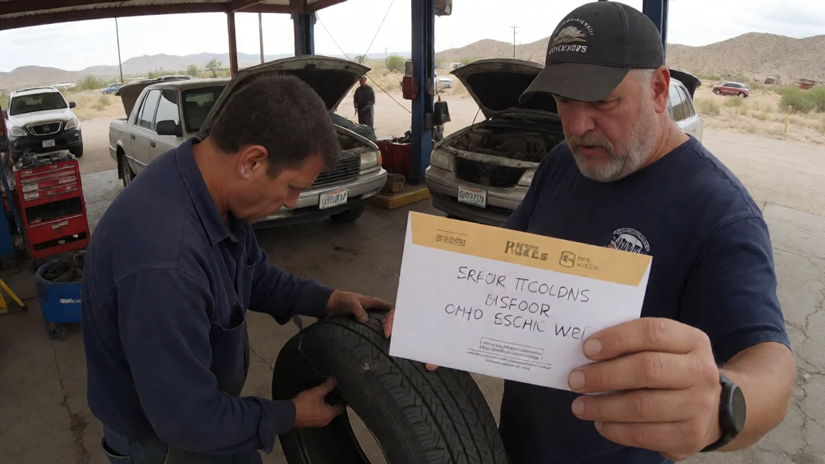 A roadside mechanic checks a damaged tire while an adult driver holds a modest emergency cash envelope nearby
