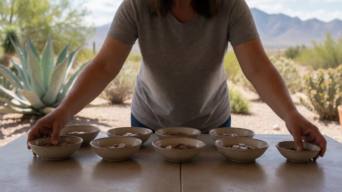 An adult Las Cruces resident arranges several identical ceramic bowls of coins in a measured row on a shaded patio table